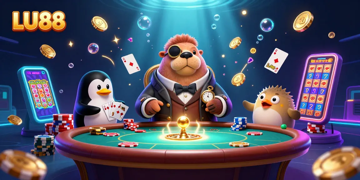 Experience thrilling poker with LU88 as a jolly walrus plays cards at an underwater casino table.