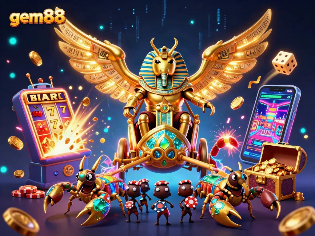 Experience thrilling jackpots and dynamic gameplay at gem88 with this vibrant 3D illustration.