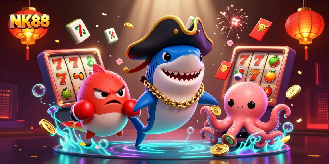 Experience the thrill of NK88 slots with a playful pirate shark and vibrant casino elements
