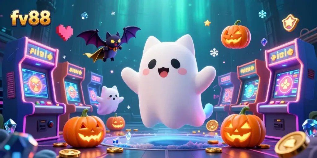 Experience the thrill of fv88 in a haunted casino adventure with glowing characters and vibrant game elements.
