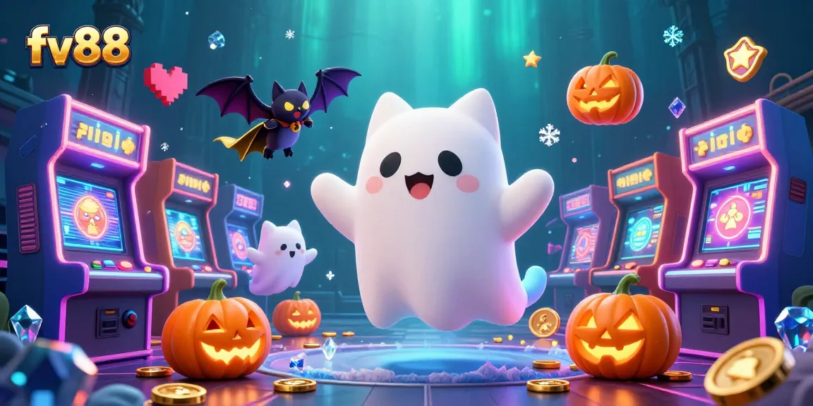 Experience the thrill of fv88 in a haunted casino adventure with glowing characters and vibrant game elements.