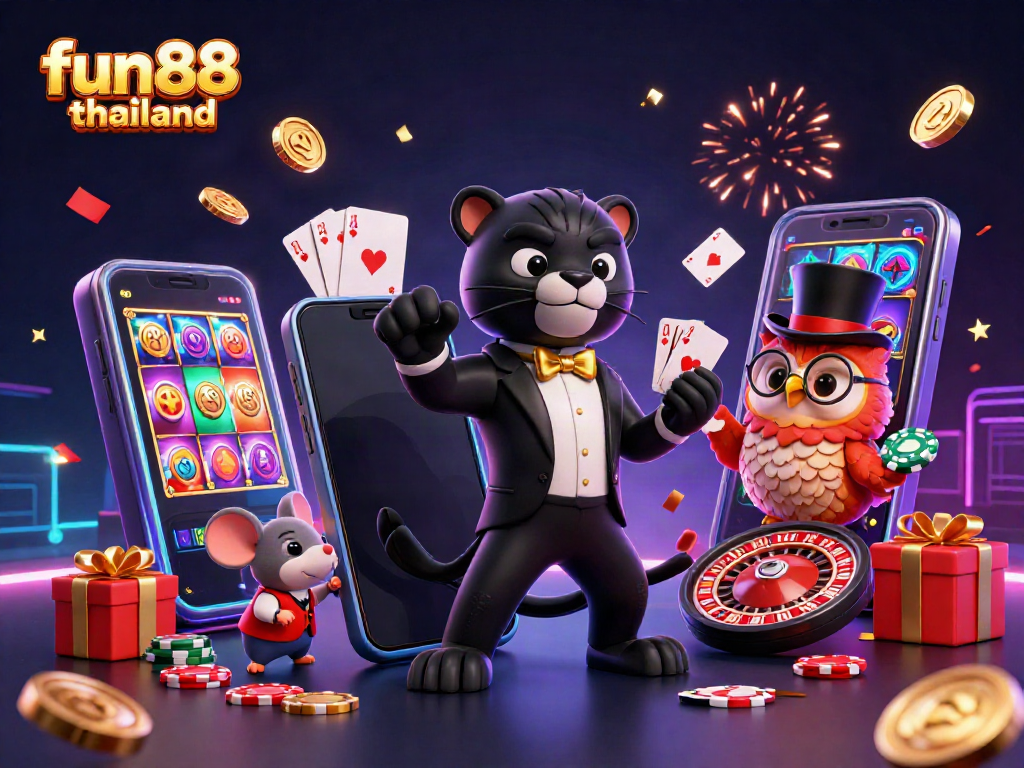 Win big at fun88 thailand with a glamorous 3D casino adventure featuring a tuxedoed panther, poker owl, and lucky mouse.