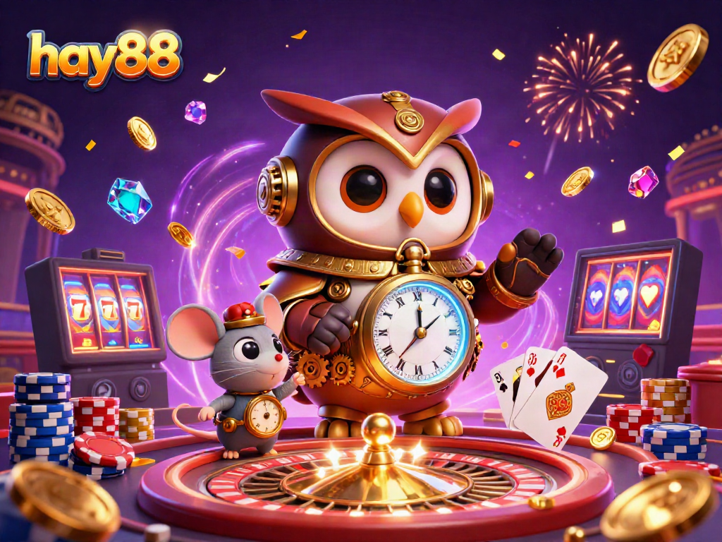Experience the excitement of casino gaming at hay88 with vibrant 3D visuals showcasing an owl and casino elements.