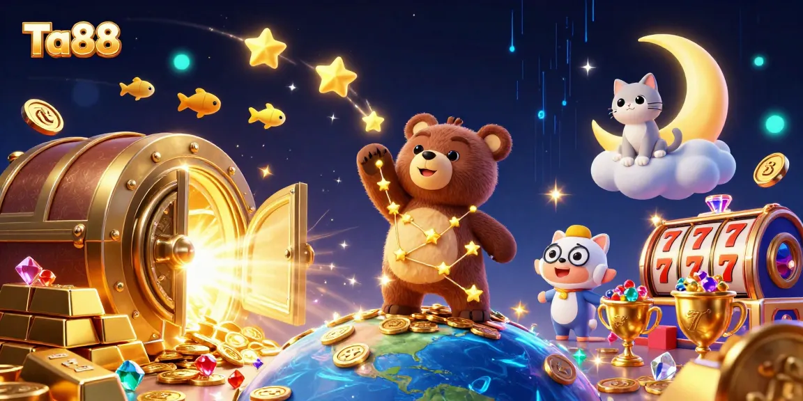 Experience Ta88's vibrant gaming world with illustrated characters scooping coins and a jackpot ambiance.