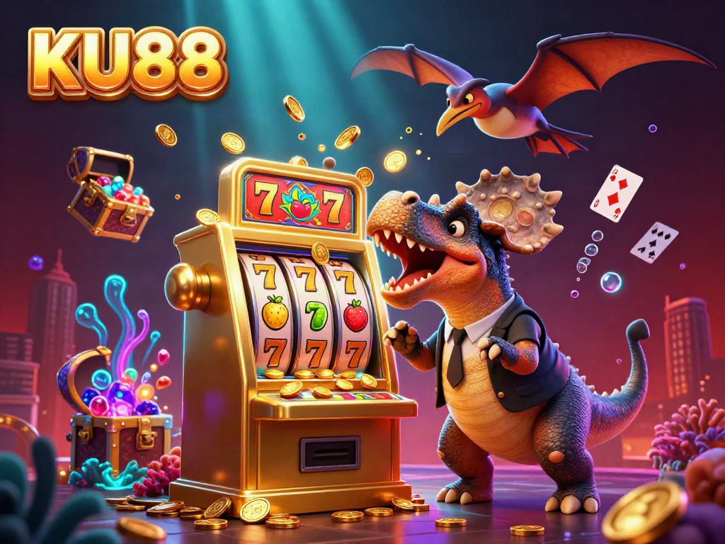 KU88 slot machine illustration features a dinosaur headbutting for jackpot coins, creating an engaging casino scene.