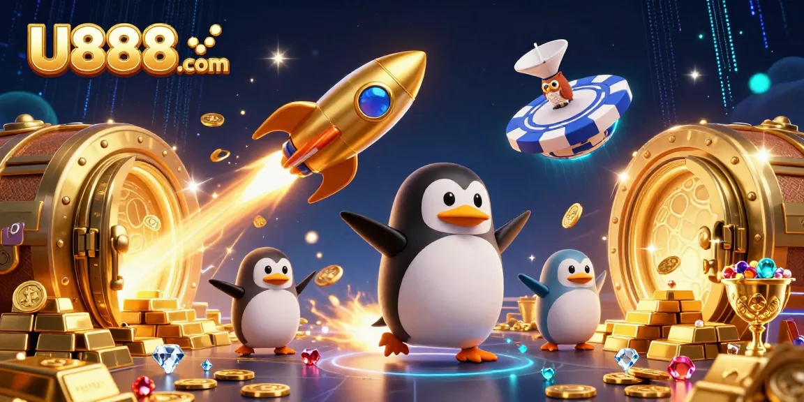 Experience the excitement of U888. com with our vibrant casino illustration featuring a golden penguin and treasure elements.