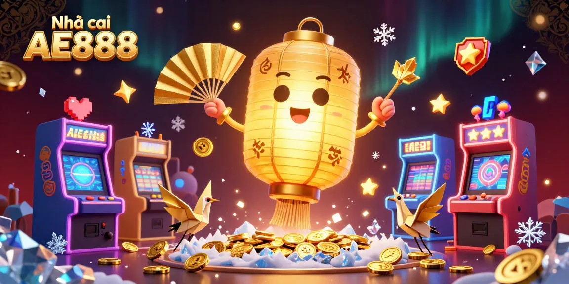 Engage with the vibrant scene of Nhà cái AE888 showcasing a giant golden lantern spirit amid a dynamic night market casino.