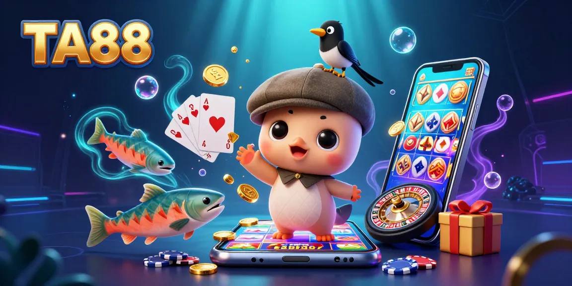 Engage with the exciting gaming elements of TA88 featuring a playful Nessie in a vibrant casino scene.