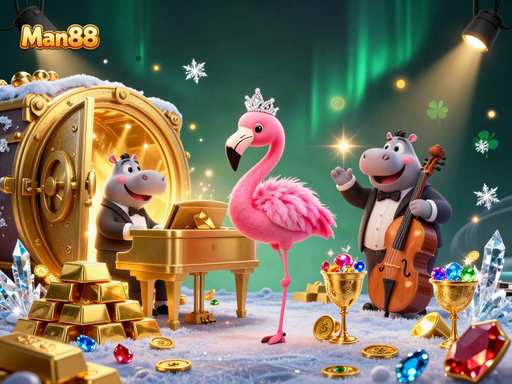 Experience thrilling gaming with Man88 in a vibrant casino scene featuring lively characters and dazzling treasures.