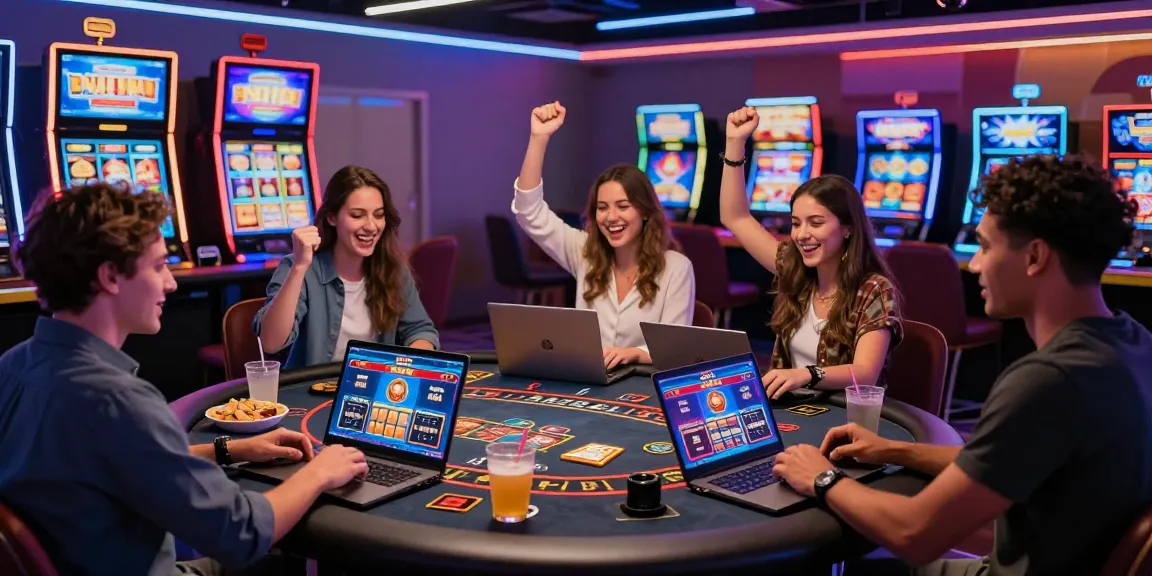 LUCK8 online casino gaming group celebrating a win with vibrant atmosphere.