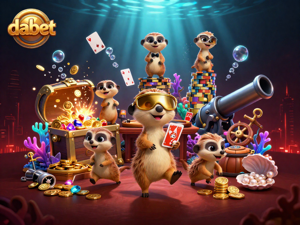 dabet meerkats strategically managing casino games amidst vibrant underwater treasures.