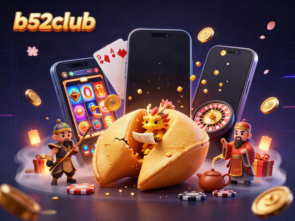 Play exciting games at b52club with our vibrant casino-themed illustration, showcasing fortune cookies and animated slot elements.