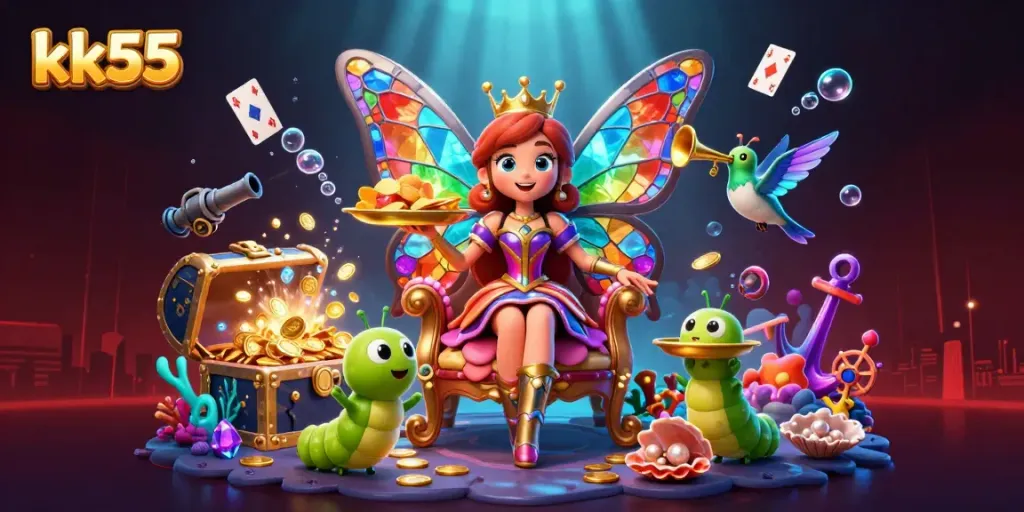 Experience the vibrant energy of kk55 in this dynamic 3D casino scene with colorful characters and treasures.