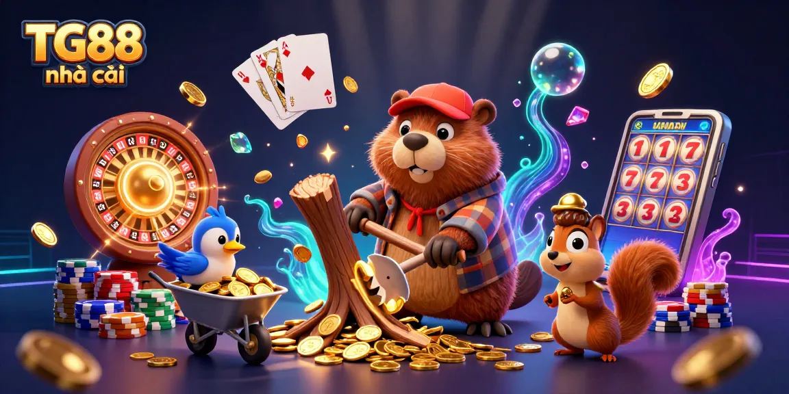 Engaging scene of TG88 nhà cái with a cartoon beaver, bird, and squirrel amid flying coins and sparkling gems.