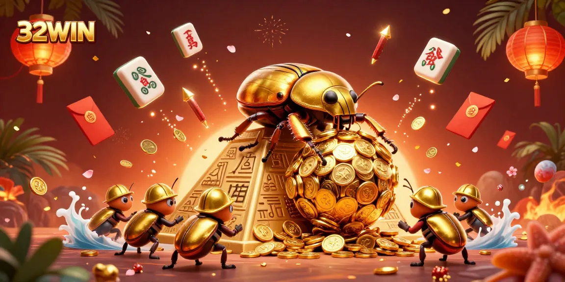 Engage in thrilling gameplay with 32WIN as a golden beetle rolls coins amidst festive casino elements.