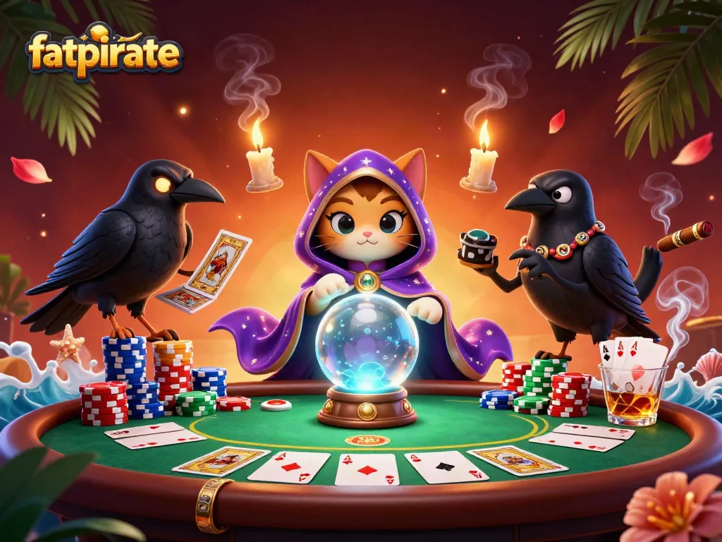 Candle flames dance as the fatpirate cat and raven deal cards at a vibrant casino scene