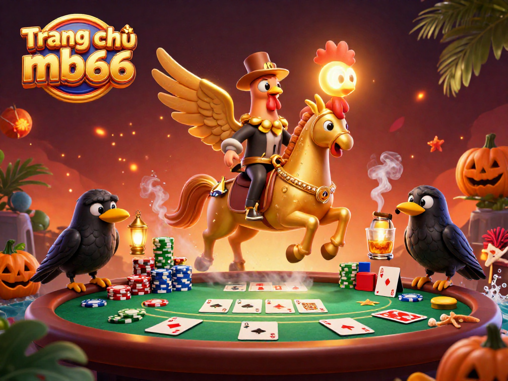 Engage with Trang chủ mb66 in this vibrant casino scene featuring a golden rooster headless horseman, poker elements, and lanterns.