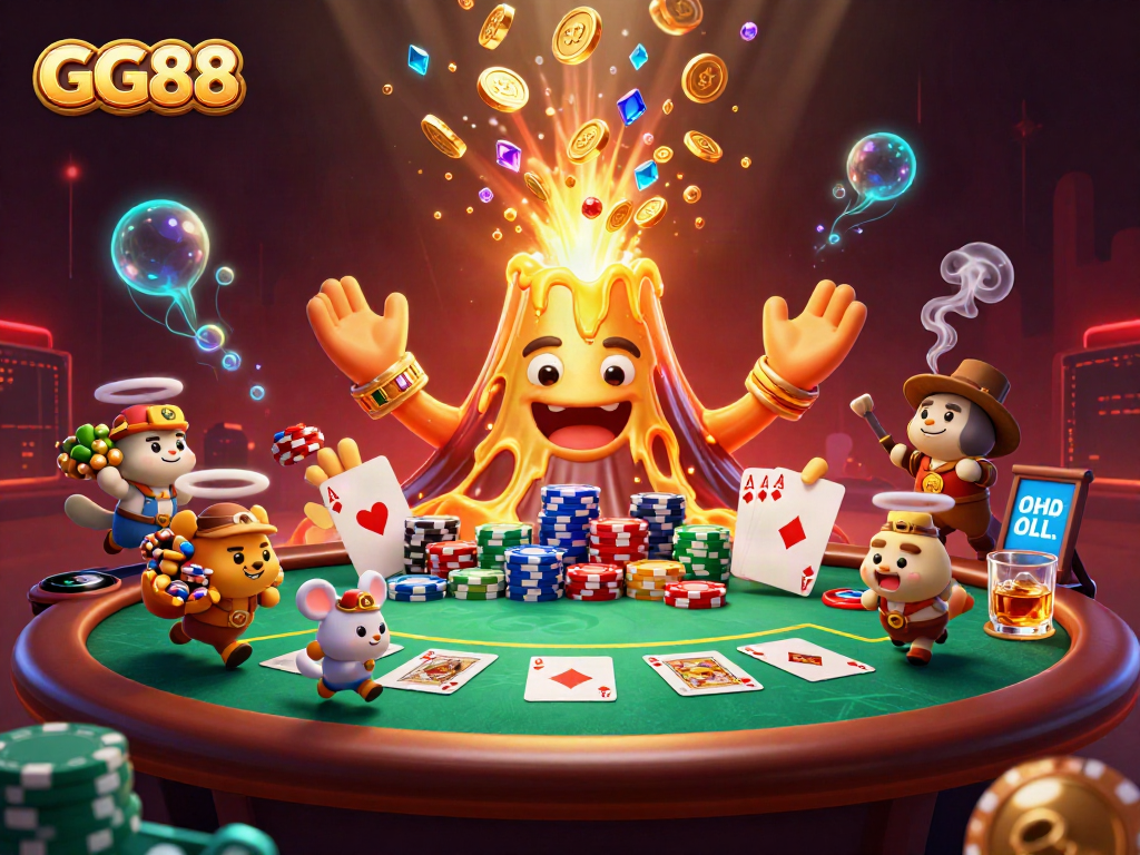 Engage in exciting games with GG88's vibrant 3D casino scene filled with treasures and poker action.
