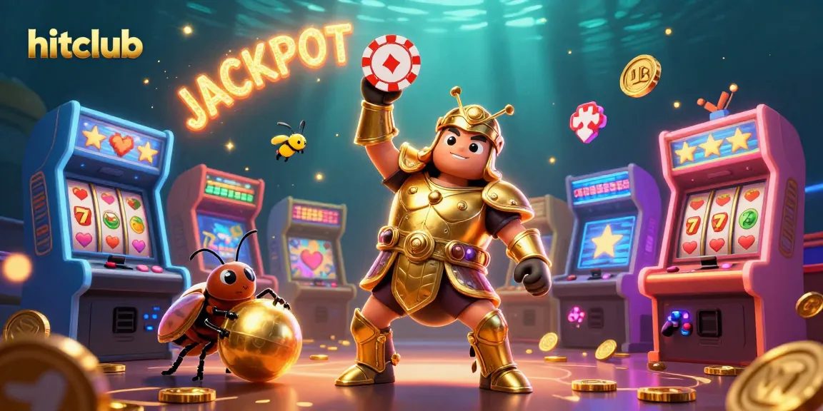 Hitclub's victorious beetle champions celebrate a jackpot amidst a vibrant casino scene.