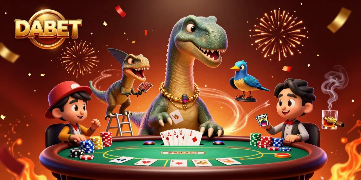 DABET poker scene with a giant brontosaurus and clever raptor dealing cards, vibrant atmosphere.