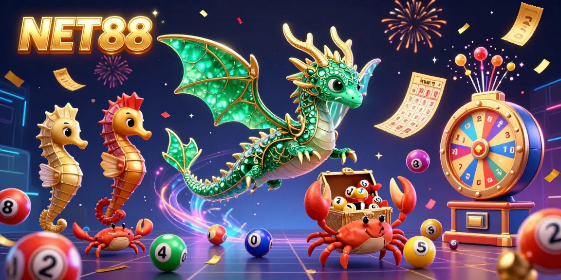 Play exciting games at NET88 with a vibrant illustration of a magical sea dragon and dynamic lottery elements.