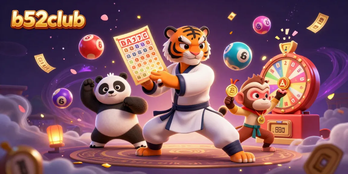 Experience the excitement of the b52club with vibrant lottery elements and fun characters in a colorful casino scene.
