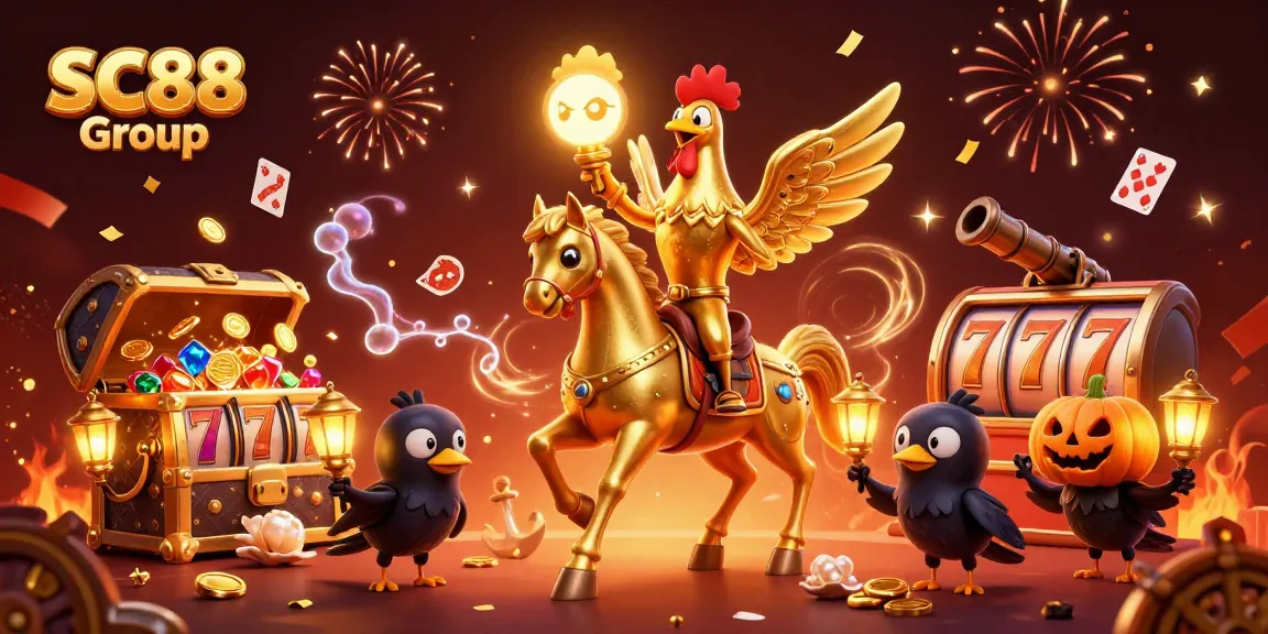 Engage with SC88 Group's thrilling casino atmosphere featuring a golden rooster and dynamic gaming elements.