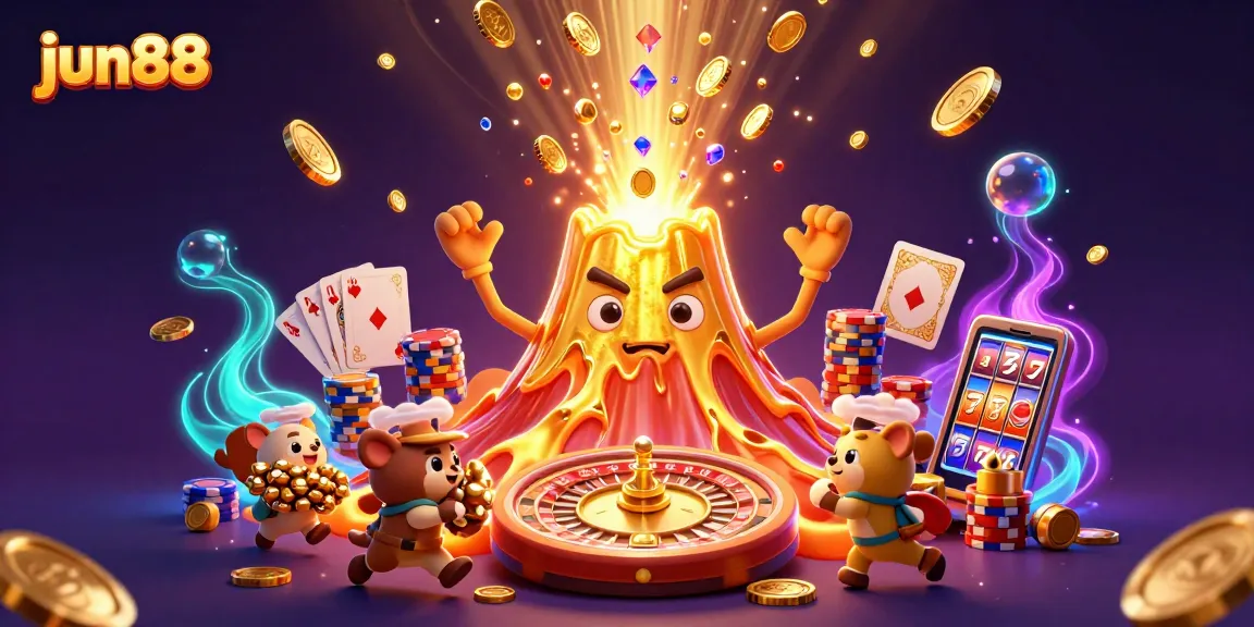 Experience rich gaming at jun88 with a triumphant volcano erupting coins, gems, and treasure.