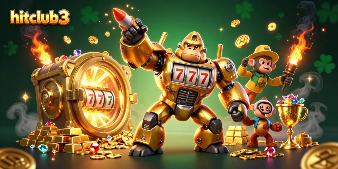 Engage in thrilling gameplay at hitclub3 with a vibrant golden gorilla mech amidst dazzling casino treasures.