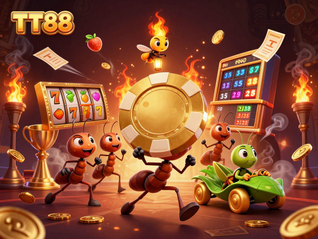 TT88 game illustration: ants stealing a giant poker chip in casino heist action.