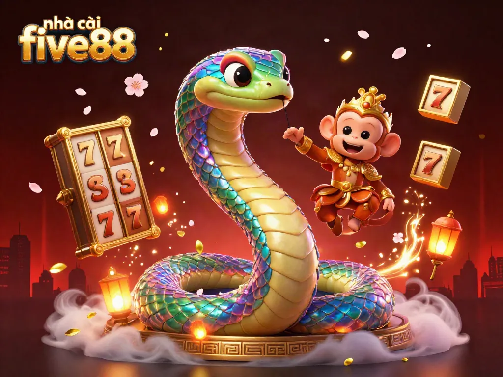 Engage with nhà cái five88 in a thrilling slot experience, surrounded by festive casino elements.