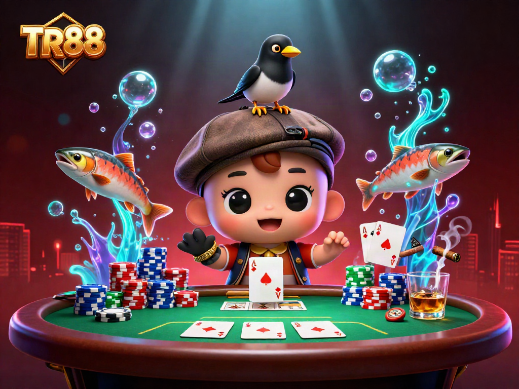 Experience TR88 with playful characters amidst a vibrant casino scene, showcasing stylish poker elements.