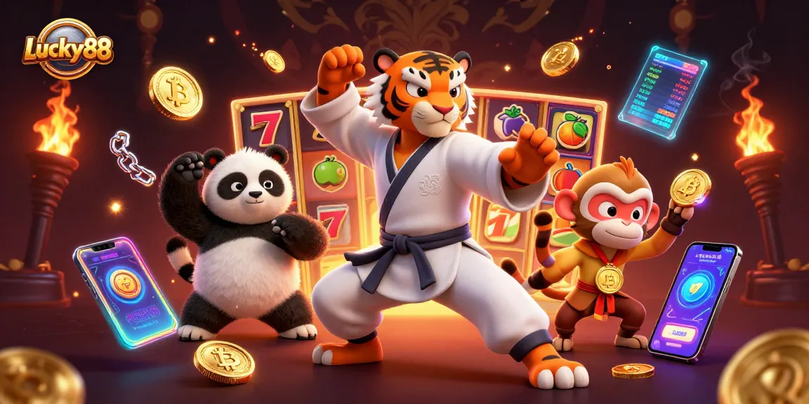 Experience thrilling gameplay at Lucky88 with vibrant slot elements and fun characters in a dynamic scene.