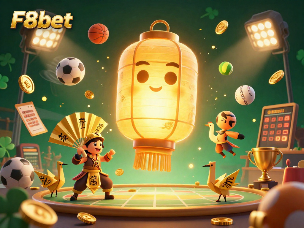 Experience the excitement of F8bet's online casino through this vibrant 3D illustration of animated spirits and sports elements.