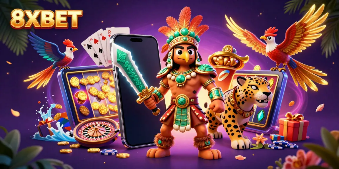 Experience thrilling gameplay at 8XBET with our vibrant casino scene featuring iconic Aztec warriors and gaming elements.