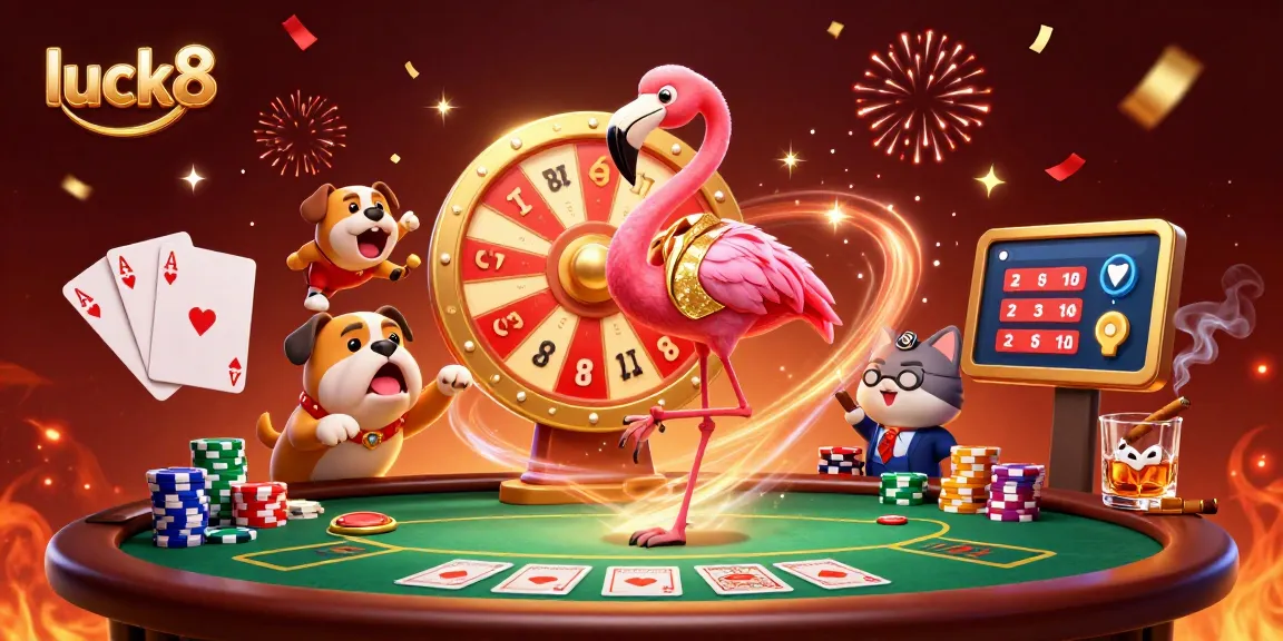 Experience the thrill of luck8 with a colorful casino scene featuring a flamingo host, bulldog contestant, and poker elements.