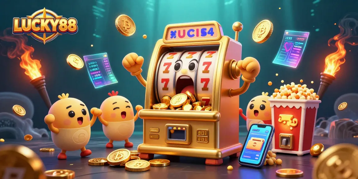 LUCKY88 slot machines celebrating a jackpot, surrounded by vibrant crypto elements and game symbols.