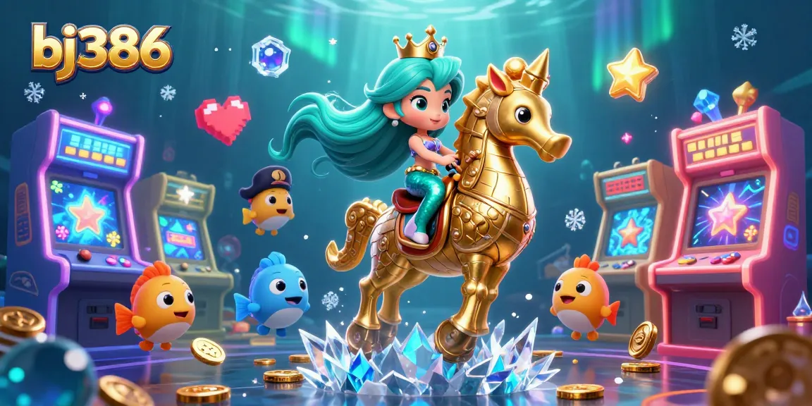 Engage in vibrant gameplay at bj386 with a mermaid princess and seahorse amid casino elements.