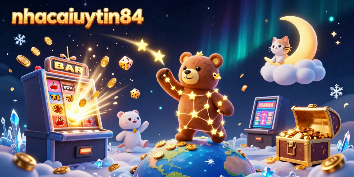 nhacaiuytin84 showcases a constellation bear gathering coins amidst a vibrant casino environment filled with jackpots and gaming elements.