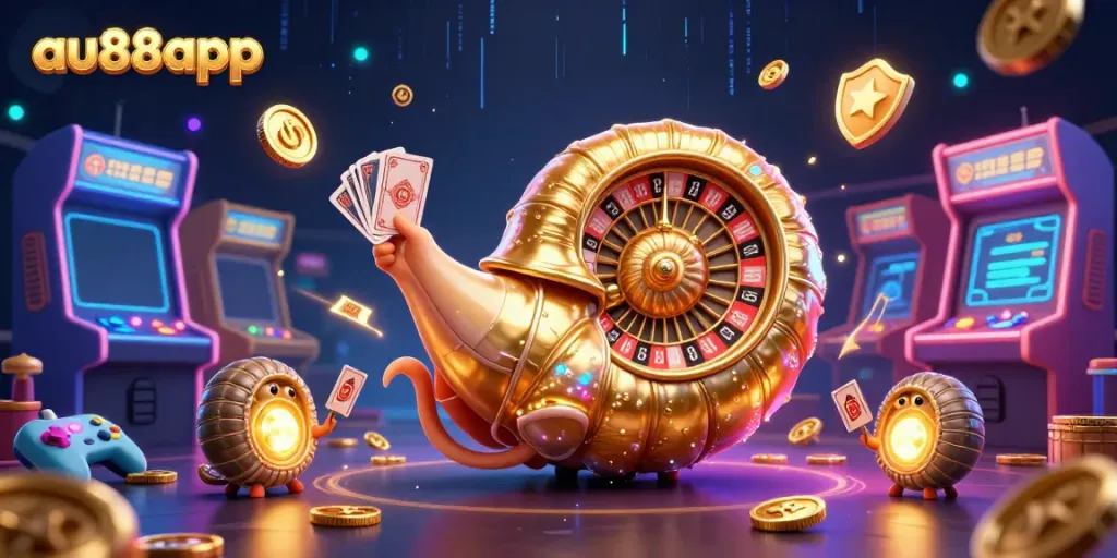 Experience gaming excitement with au88app's vibrant casino illustration showcasing a nautilus roulette wheel and dynamic elements.