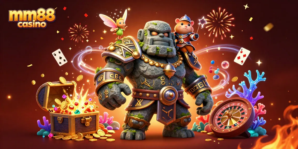 Experience excitement at mm88 casino with a magical scene featuring a golem, fairy, and hamster knight amidst casino elements.