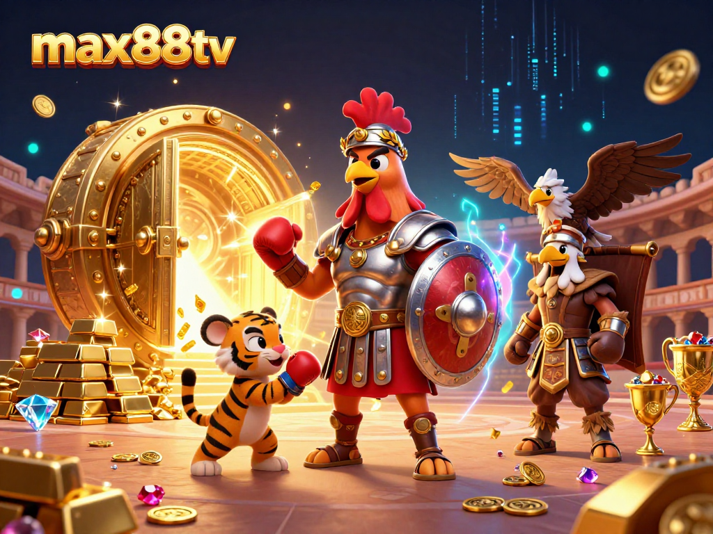 Engage with max88tv's 3D cartoon scene featuring a gladiator rooster, tiger cub, and eagle amidst a treasure-filled casino.