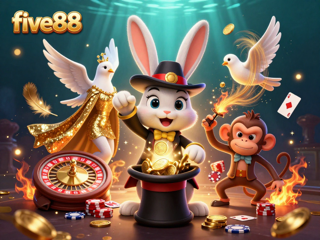 Experience the excitement with five88's magician and casino elements in a vibrant 3D illustration.
