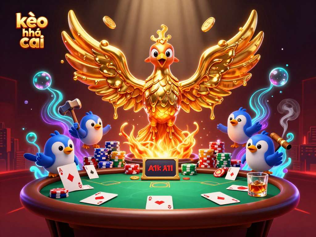 Experience the excitement of kèo nhà cái with golden phoenix and poker elements in a vibrant casino scene.