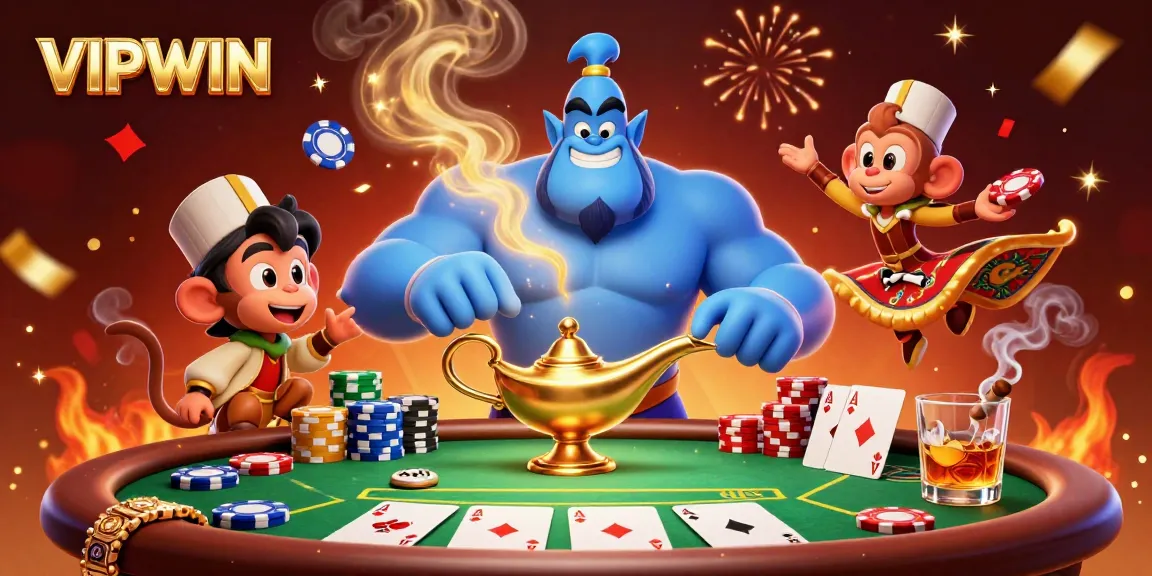 Engage in thrilling poker action with VIPWIN's ultra-detailed 3D illustration featuring a genie, monkey, and chips.