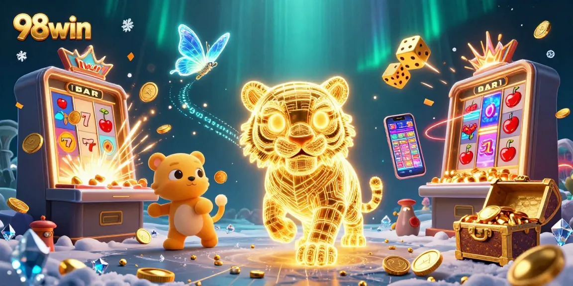 Win big at 98win with a vibrant scene of massive slot machines and golden dice in action.