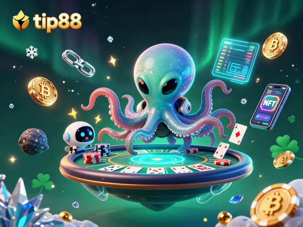Experience thrilling gaming action with tip88's vibrant 3D octopus and poker scene illustration.