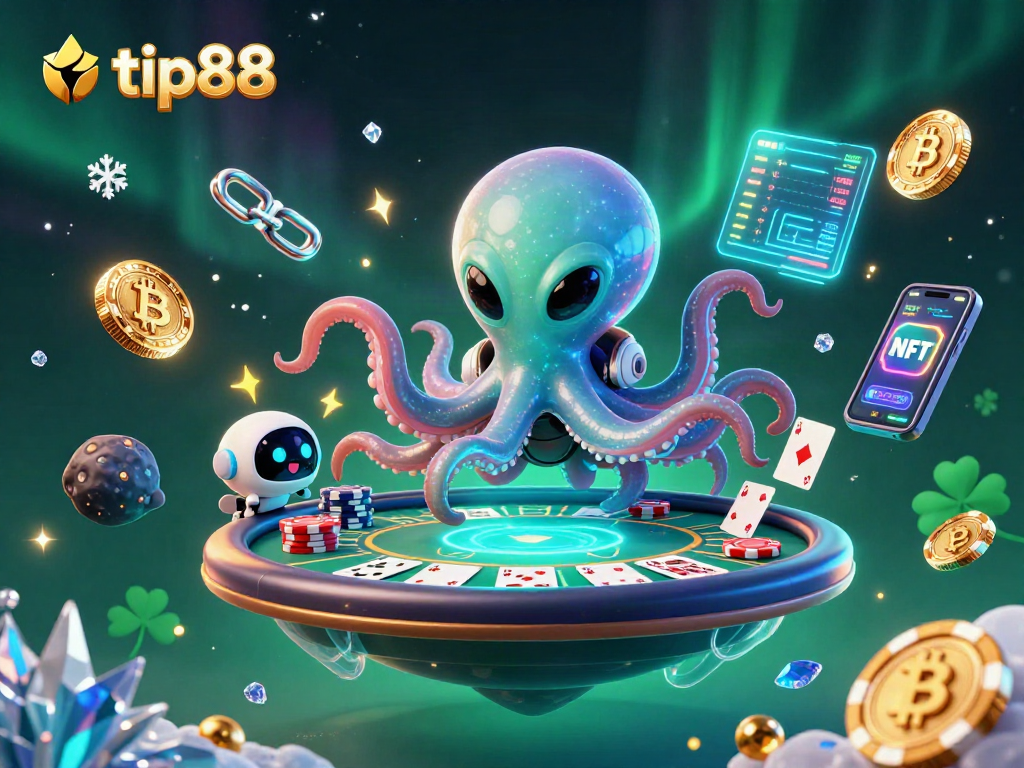 Experience thrilling gaming action with tip88's vibrant 3D octopus and poker scene illustration.