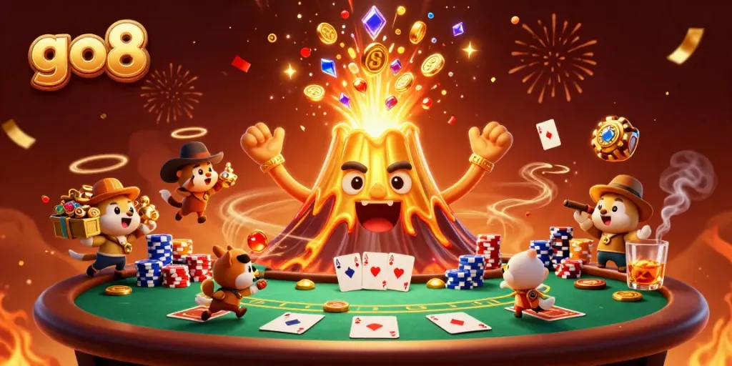 Experience thrilling wins at GO8 with a dynamic scene of a volcanic eruption of treasure and poker excitement.