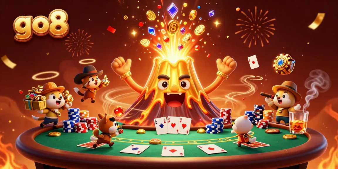 Experience thrilling wins at GO8 with a dynamic scene of a volcanic eruption of treasure and poker excitement.